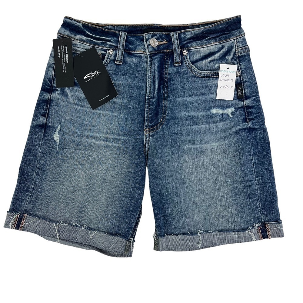 NWT SILVER Women’s Blue Jean Bermuda Shorts Sz 2 (25) Pockets Stretch Distressed